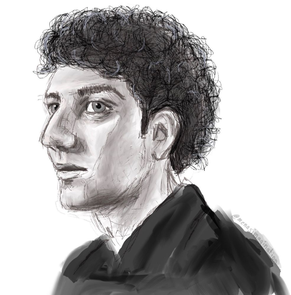 a black and white digital drawing of young Daniel Molloy from Interview with the Vampire AMC played by Luke Brandon Field. He is facing the left side of frame with most of his profile in view. there is a somewhat messy drawing style. over his shoulder on the right side is a watermark that reads @menasimagination