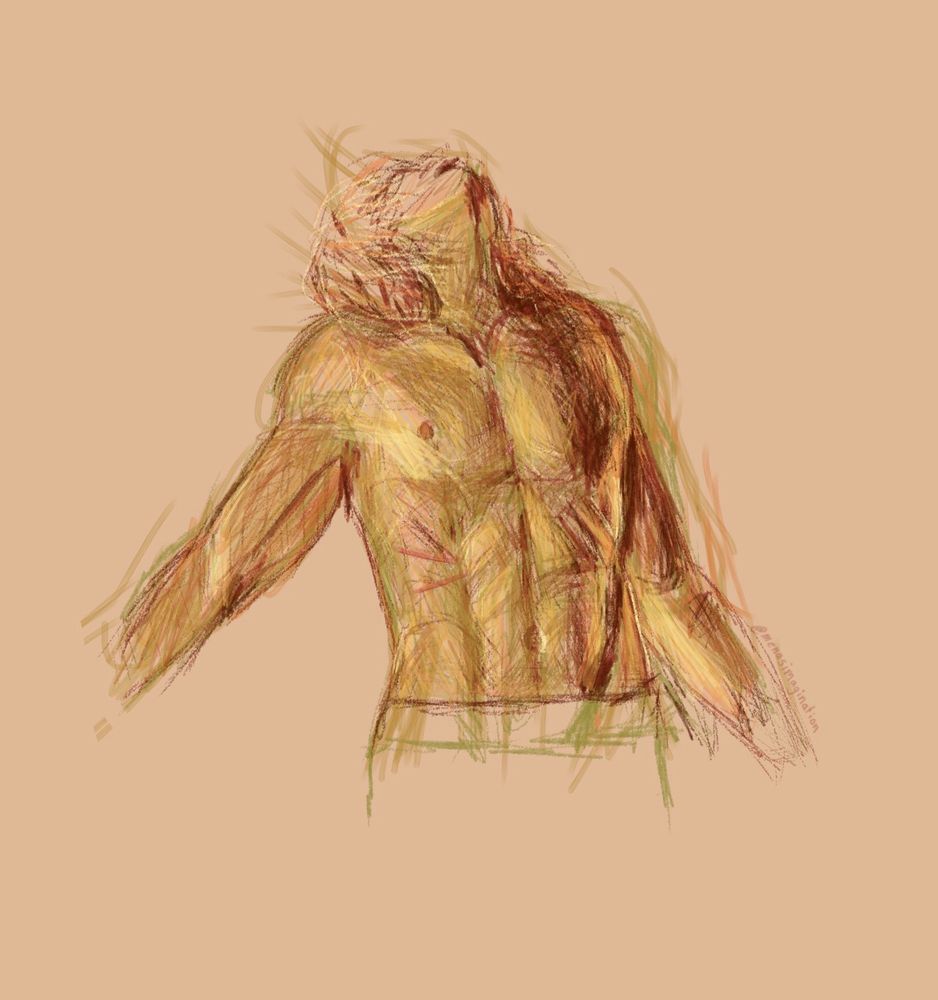 a drawing of the vampire lestat from interview w the vampire amc shirtless with mostly red, orange, & green color theme. the background is beige. cross hatching & sketchy lines are used in layers to create value, it is not very blended. a watermark on the lower right corner reads "@menasimagination"