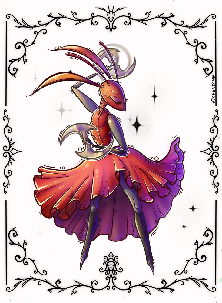 Image of a character from the. hollow Knoght game. Stylized Fire-ant lady in flamenco dress, holding chacrams.