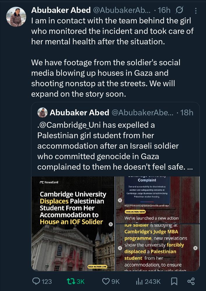 Adubaker Abed quote tweeting the previous post:

“I am in contact with the team behind the girl who monitored the incident and took care of her mental health after the situation.
We have footage from the soldier's social media blowing up houses in Gaza and shooting nonstop at the streets. We will expand on the story soon.”
