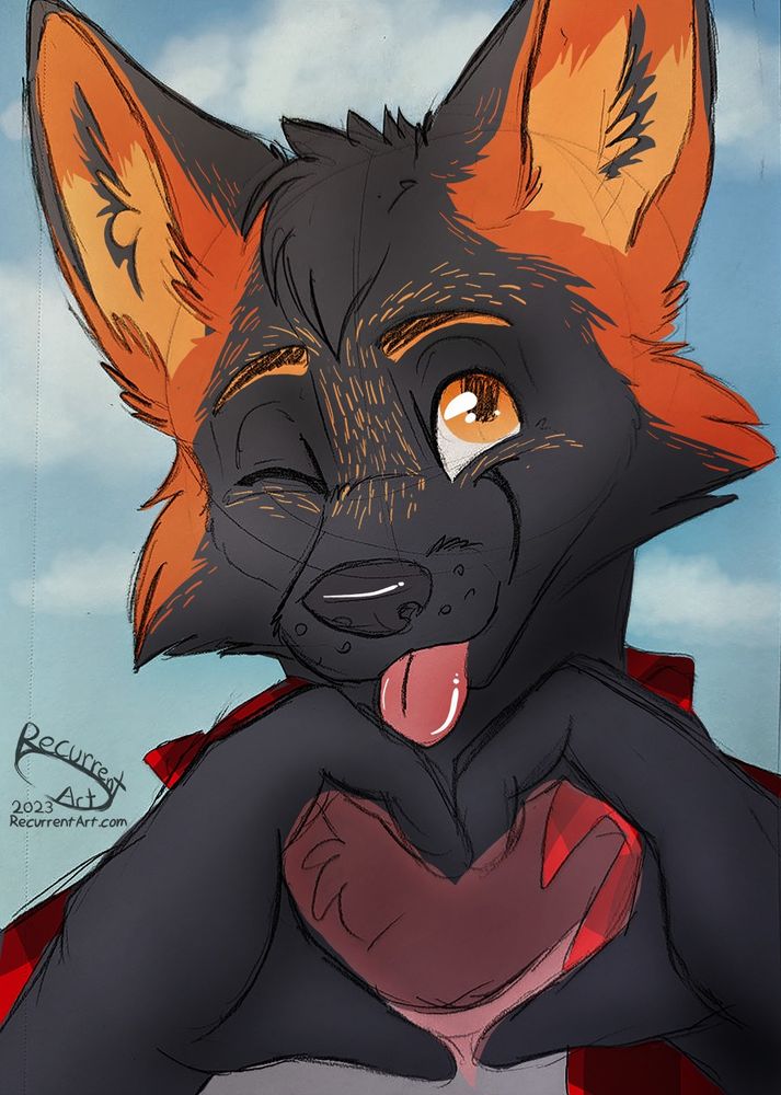 image of a cross fox holding their paws in a heart shape whilst blepping.