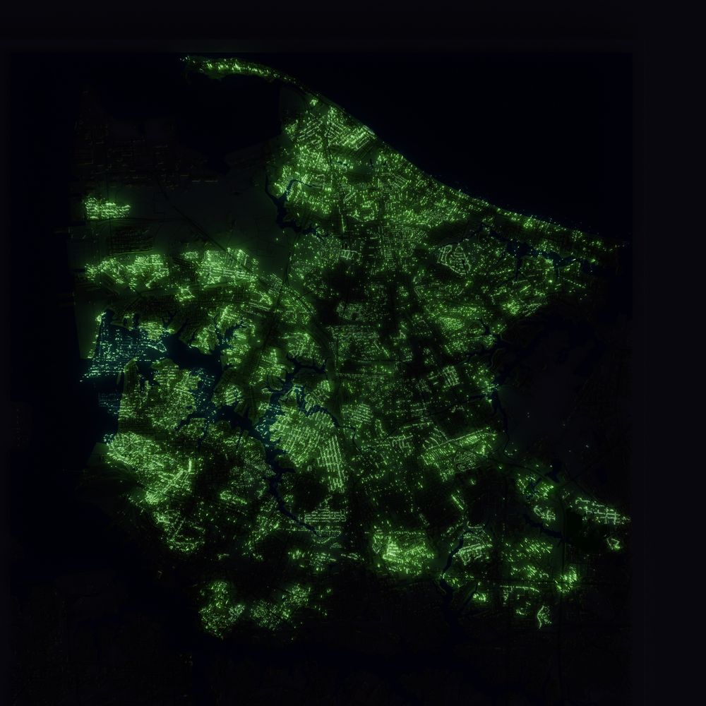 A dataset of trees in Norfolk, VA plotted spatially to form a rough map of the city.