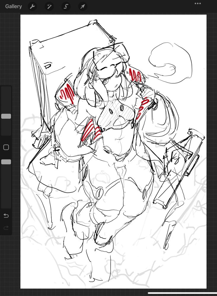 sketch of girl taking off heated bodysuit in the middle of snow drift
