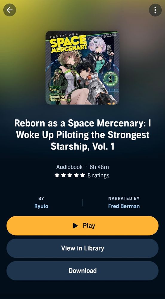 Screenshot of Audible showing a light novel called "Reborn as a Space Mercenary"