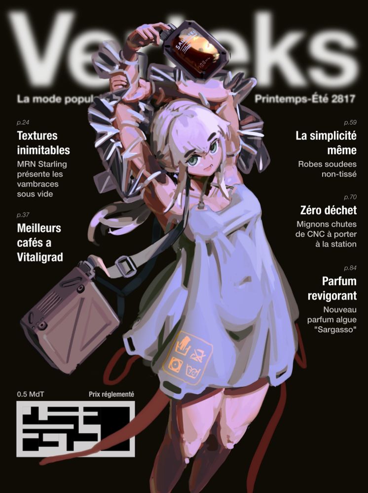 Illustration of a woman in a dress whose arms are vacuum-packed in lieu of gauntlets, dangling a dram of perfume packaged in a plastic bag. Composed as a magazine cover