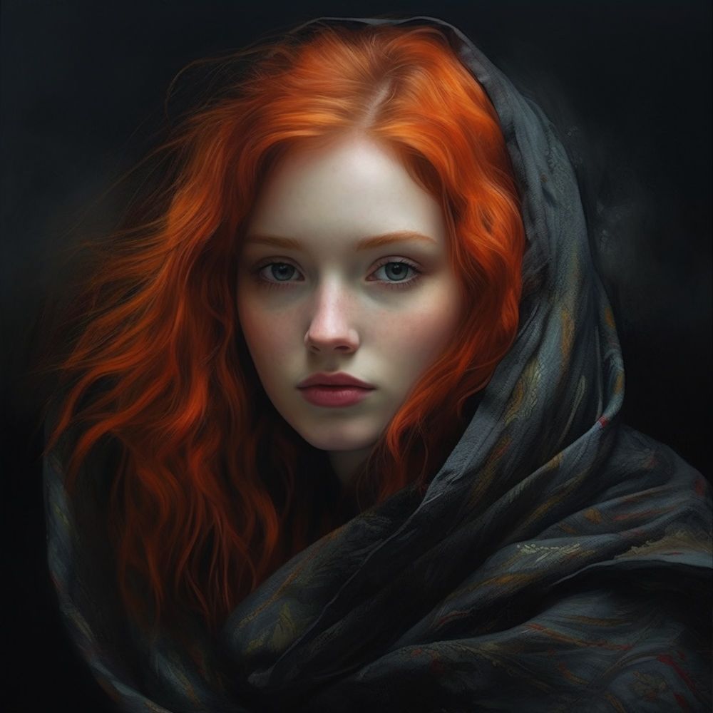 Vermilion Enchantment
Minted Jan 8, 2024
1 edition
In the masterpiece "Vermilion Enchantment," we are drawn into the sublime visage of an enchanting maiden with locks of fiery vermilion. Her expression exudes a profound peace that is both grounding and otherworldly. The maiden is swathed in a shawl that mirrors the vast cosmos, its fabric draping her form with the elegance of stardust trails. The shawl serves as a cosmic veil, tenderly brushing amidst the strands of her hair on one side, while the rest spills in a natural cascade, weaving a visual symphony of cosmic grace. "Vermilion Enchantment" is not merely an artwork but a gateway into a realm where beauty and the universe dance in silent allure, a confluence of creativity and the divine.