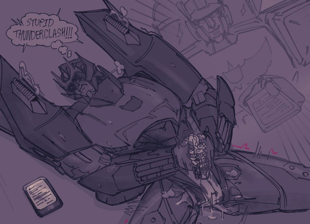 Rodimus lays on his back, masturbating with both hands. His eyes and lips are tightly shut, thinking "STUPID THUNDERCLASH!!!" next to him is a datapad, which is the same one we see an imaginary Thunderclash holding out.