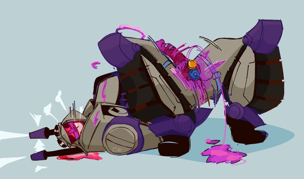 hothead Blitzwing on his back, lower body arched up. his thighs spread in the air. he overloads from his spike, transfluid falling on his body. he squirts from his valve additionally, a small puddle in between his legs on the ground. he keeps his hands under his back. he has a wide smile, drool pooling on the ground by his face. his valve is stuffed with three dildos, each different colors of Optimus' palette. one is a vibrator, which pulses aggressively and has a battery attached to his thigh. another vibrator is attached to his spike, which is also connected to a battery on his thigh. steam quickly exists his cannons and teeth.