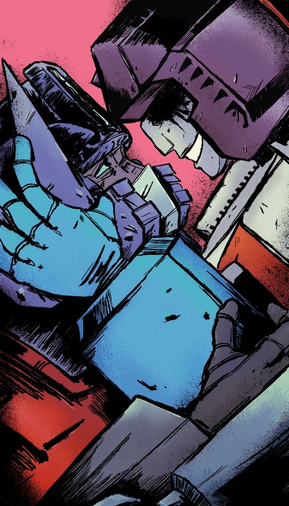 Starscream clutches Optimus Prime's helm close to his, a wide smile on his face. Starscreams optic is missing, taking place during the time he was missing his lower body. Optimus Prime's eyes are pained, his expression distraught. Optimus Prime holds onto Starscream's arm, notably using Megatron's arm to do so. The drawing is rendered and in the same style as Jorge Corona's lines and Mike Spicer's colors.