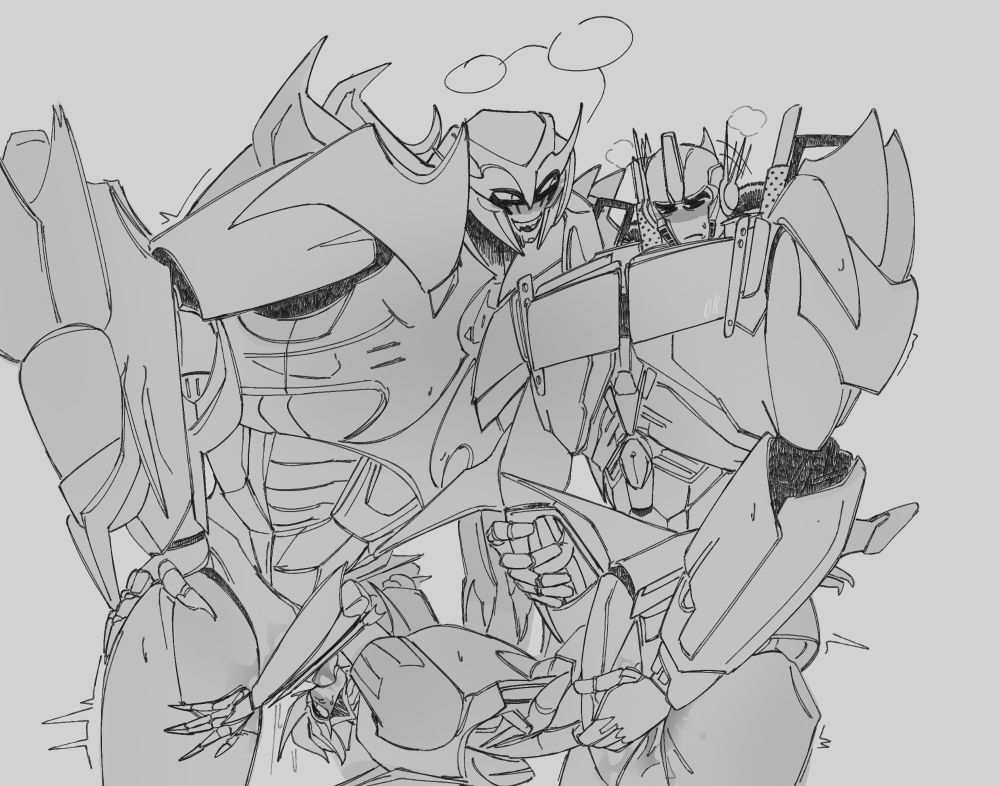 TFP Megatron and Optimus spitroasting Starscream. Starscream lays on her back between the two, Megatron's spike in her mouth and Optimus' in her valve. She holds onto Megatron's thighs, her right leg against Optimus' waist and her left on his shoulder. Optimus holds Starscream's aft with one hand while his other holds her thigh in place. Megatron's right hand is on her hip while the other is on the same surface Starscream rests on. Megatron leans towards Optimus, talking while the other two seem annoyed by her speech.