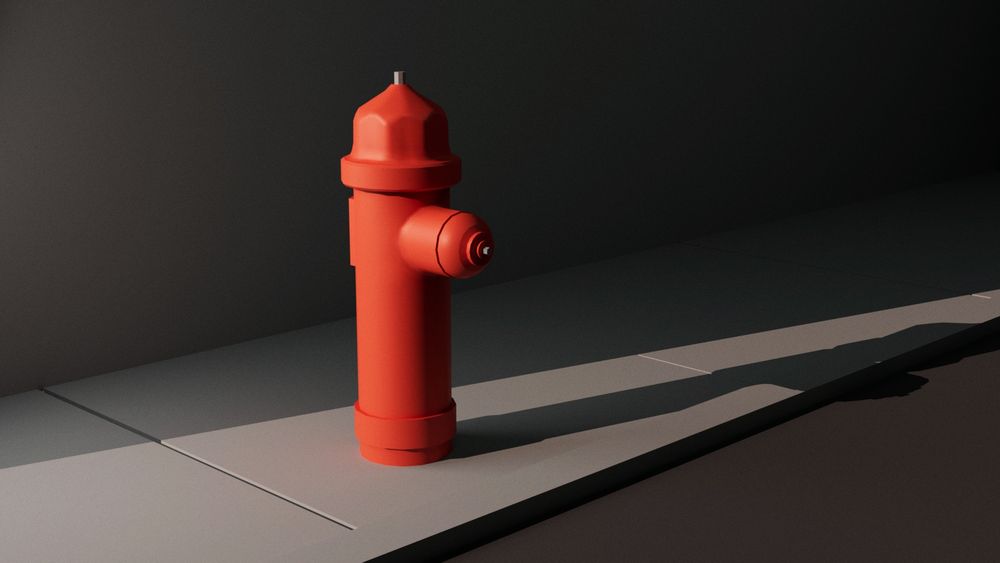 3D scene of red fire hydrant on a surrealist minimal street