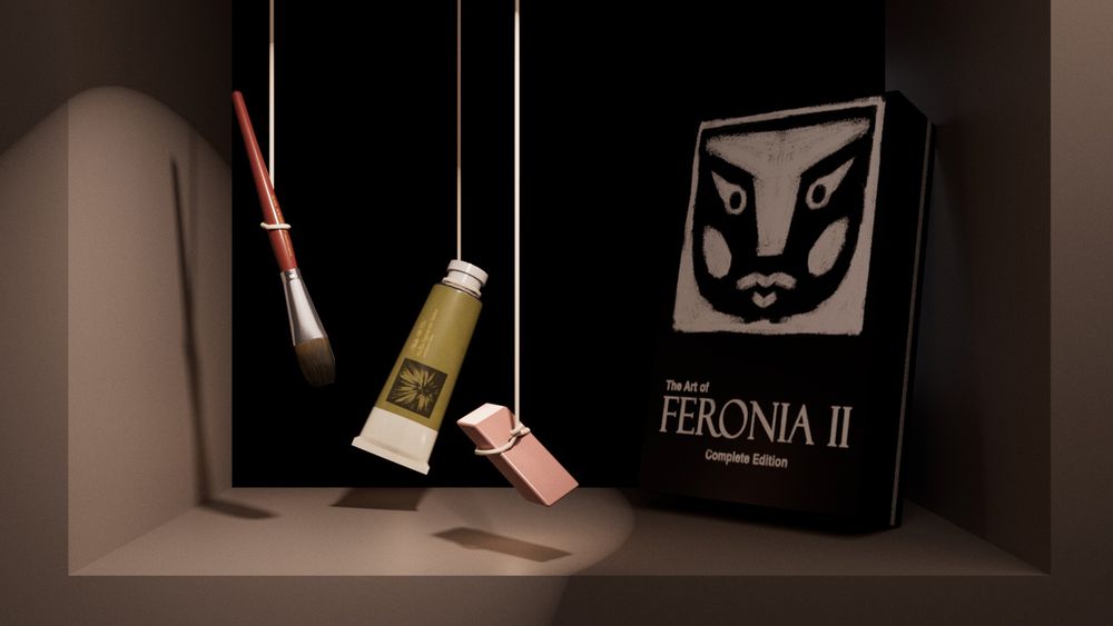 3D still life scene with multiple art supplies dangling in a cotan esq style