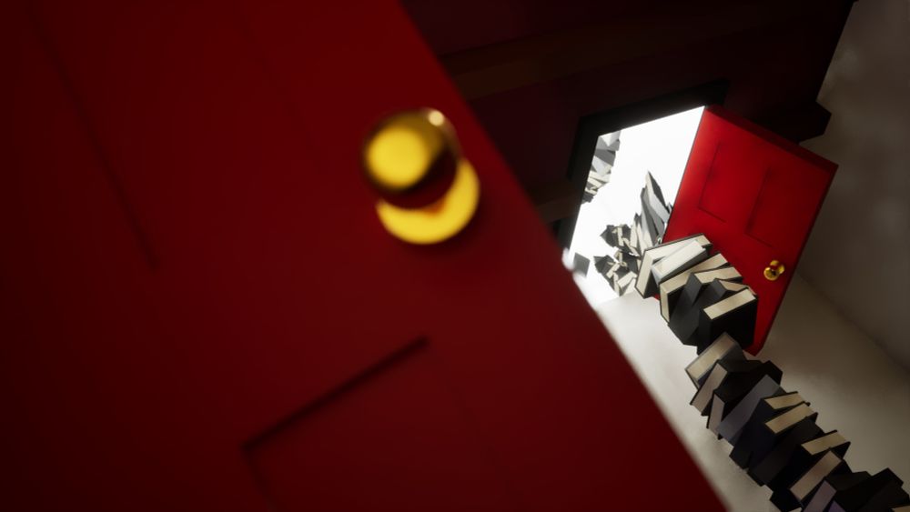 Room with scattered books, misaligned doors, and perspective warped planes of alignment. Peaking behind one red door into another.