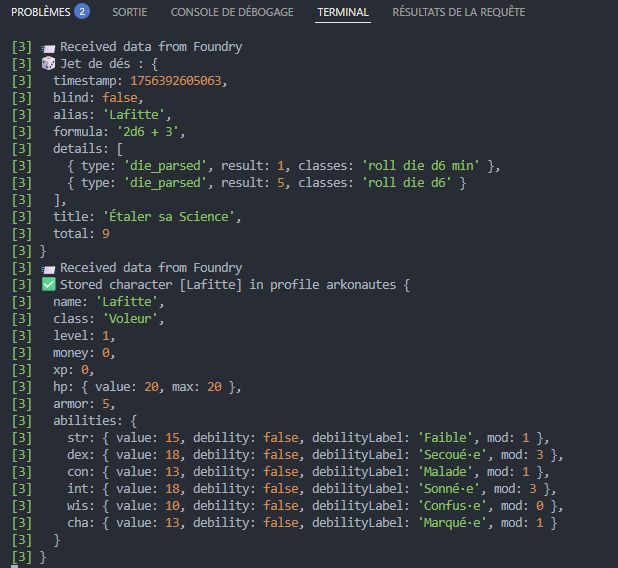 Capture d'écran d'un terminal  ou l'on voit des données de jets de dé (détails du jet de dé, total, personnage, formule du jet de dé (2d6 +3) et les stats des personnages (nom, classe, hp, armure, force, dextérité, constitution, intelligence, sagesse, charisme)