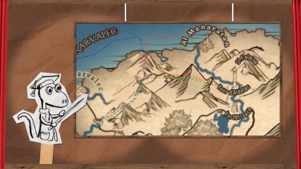 Overlay de jeu de rôle qui ressemble à un petit théatre de marionnettes pour enfants, avec des éléments de decors sous forme de nuage, lune, rideau de théatre
Un petit personnage pointe avec sa baguette un cadre avec une carte du monde