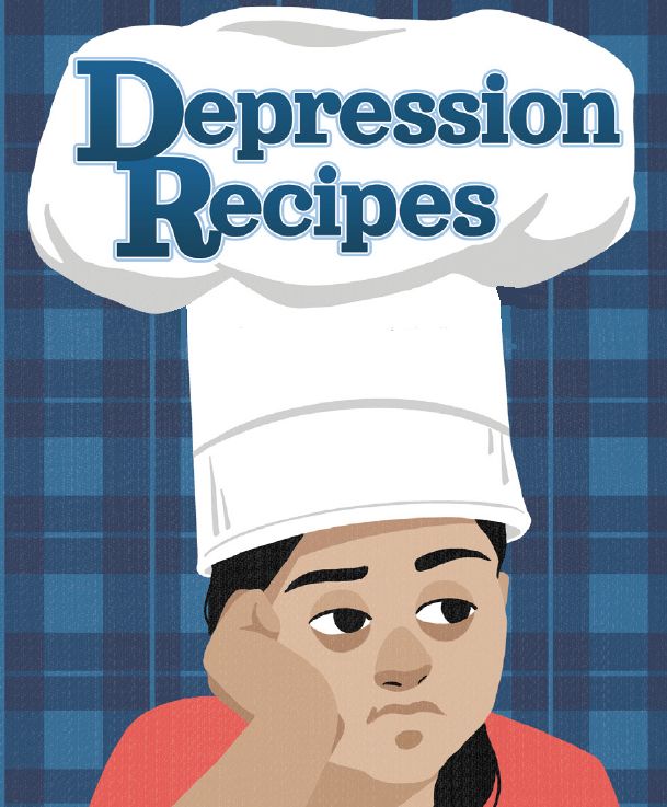 the cover of DEPRESSION RECIPES. A young woman with heavy bags under her eyes rests her head on one hand and looks away, tired. She is wearing a white chef's hat.