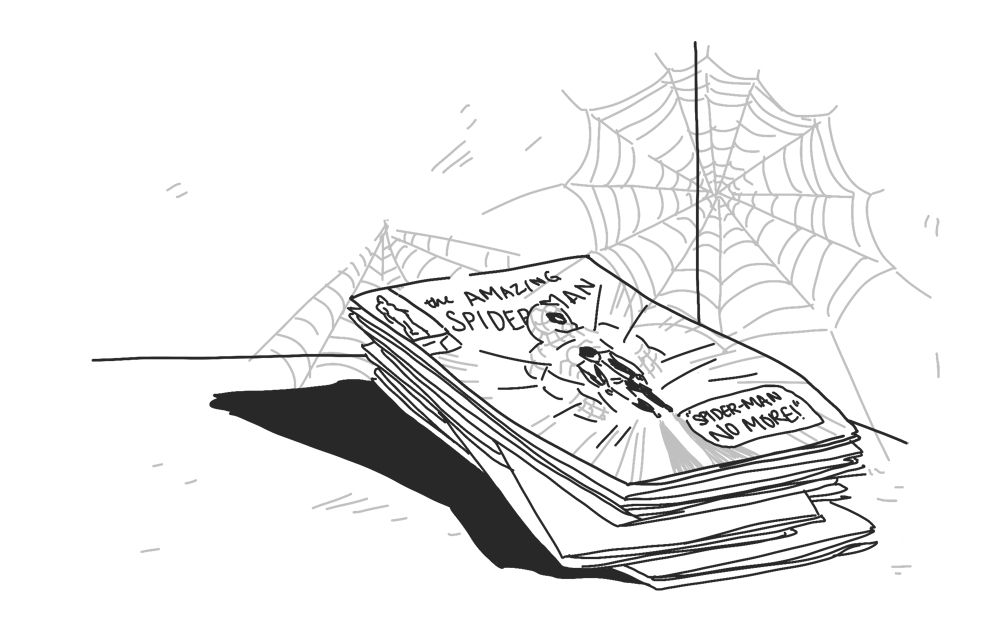 a black and white drawing of a stack of superhero comics sitting in a dusty corner. there are spiderwebs to show neglect.