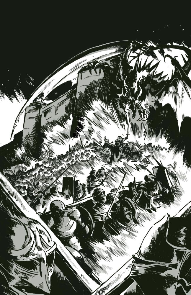 A greyscale image of a medieval army laying siege to a castle. A dragon breathes fire upon the battlefield.