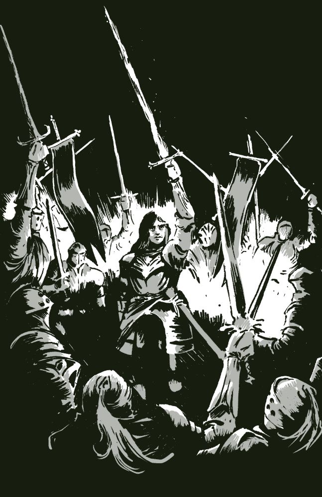 A greyscale image of a holy warrior lifting her sword aloft. The knights around her raise their swords and cheer.