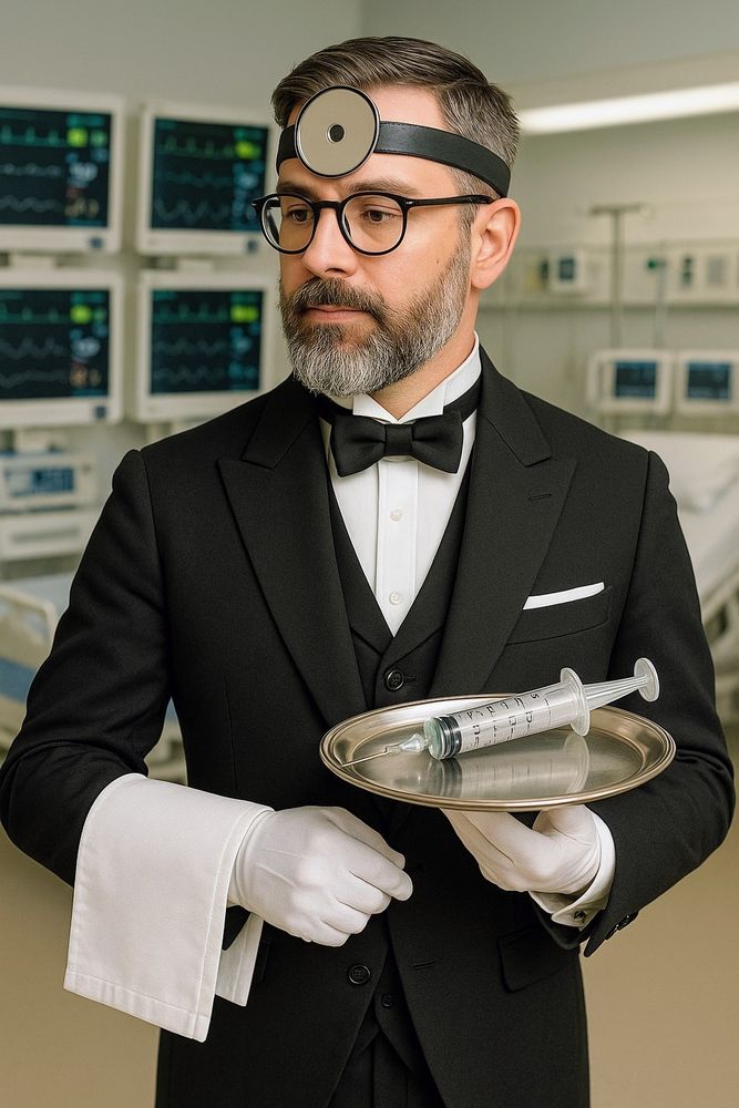 Ober in Klinik mit Spritze auf Tablet 