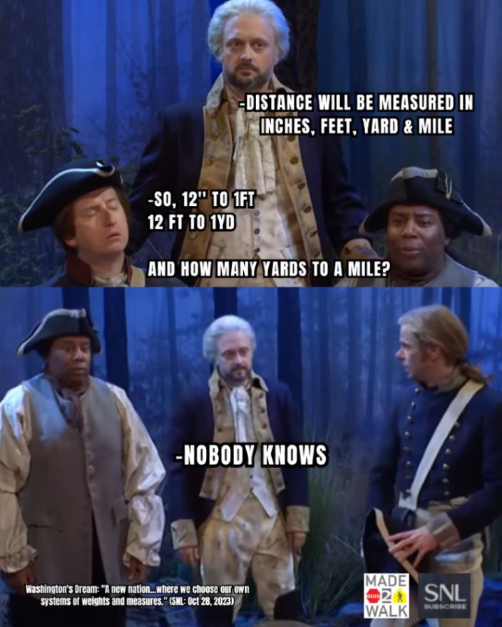 -Distance will be measureed in inches, feet, yard & mile
-So, 12" to 1FT
12 FT to 1YD

And how many yards to a mile?

- Nobody knows

SNL skit 2023