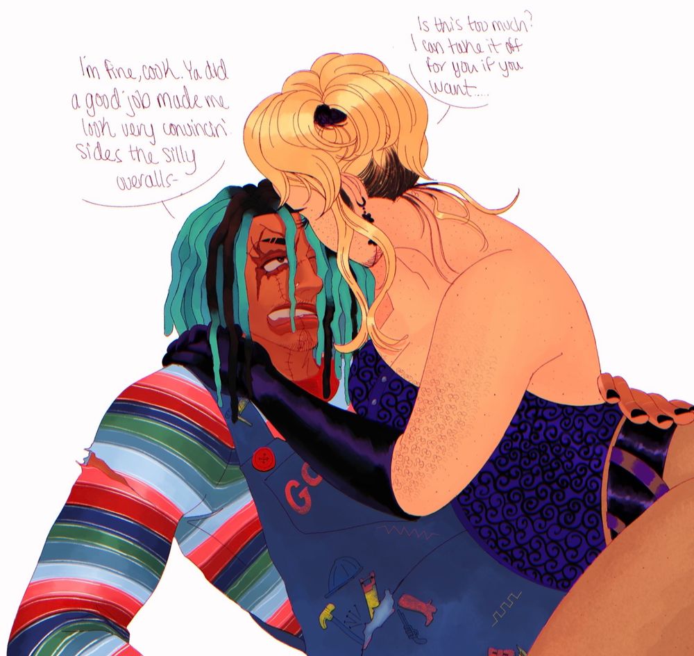 Sanji ends up finishing his makeup but wasn't aware of how much time has passed working on him so she's having second doubts as to whether she should take it off or not.

S: Is this too much? I can take it off for you if you want.

Z: I'm fine, cook. Ya did a good job made me look very convincin, sides the silly overalls-