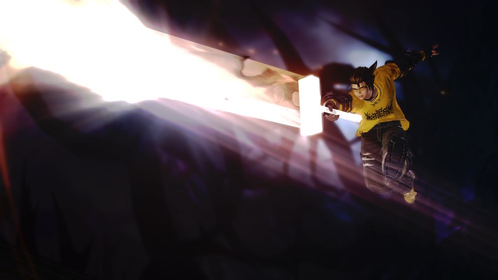 N'belheim Tia utilising an aetherial buster sword whilst performing a melee dps limit break. 