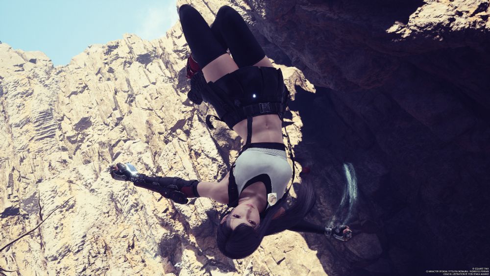 Final Fantasy VII Rebirth, Tifa mid-backflip after using the Jump materia attack