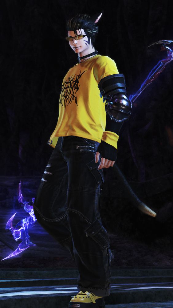 My Warrior of Light, N'belheim Tia, rocking a yellow & black alt look, reflecting my love for alt music, particularly punk & metal. He is posing with my Black Mage weapon, the High Adjudicator's Staff. 