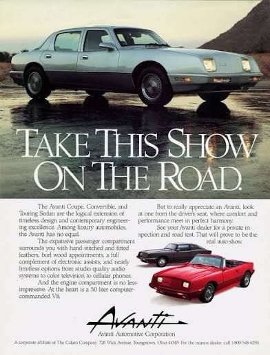 Car ad for the Avanti, ca. 1988