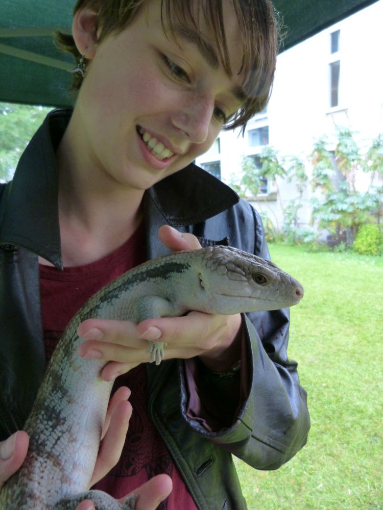 Roxanne Armfield holding a blue-tongued skink: a brown-grey elongate lizard with a white belly and tiny limbs.
