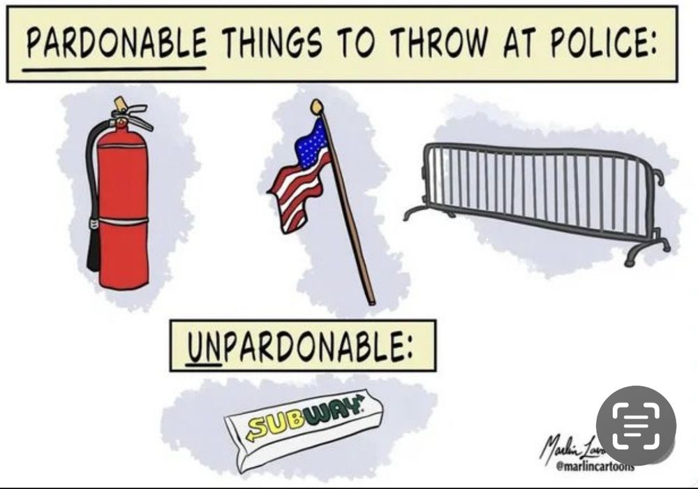 PARDONABLE THINGS TO THROW AT POLICE: UNPARDONABLE: SUBWAY: Mali ar @marlincartoons