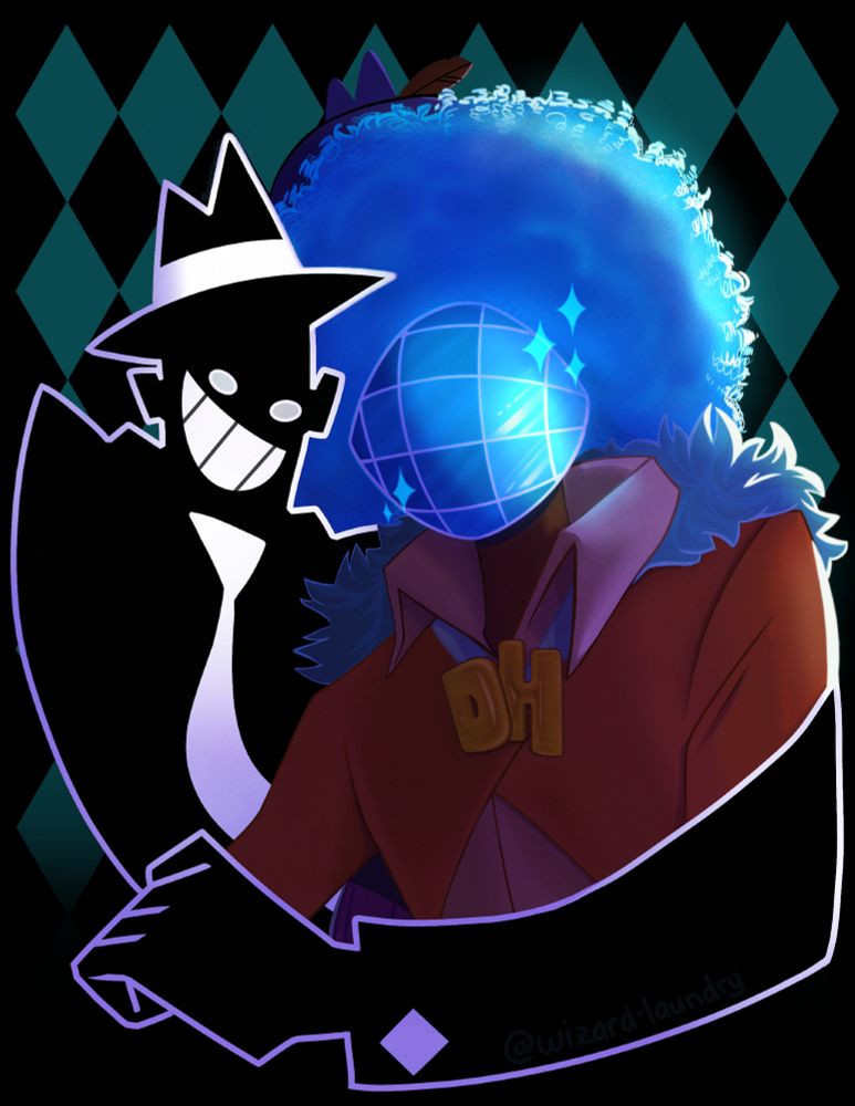 A digital illustration of Disco Head and Agent K from the animated web series Monkey Wrench. Agent K is a strange, 2-D, black and white silhouette/shadow of a man with a hat and tie. Disco Head is a humanoid being in a disco-esque orange suit, with a white fur trimmed cape, large glowing blue afro, and a disco ball for a head. Agent K has an arm wrapped around Disco Head, and sports a large grin on his face. 