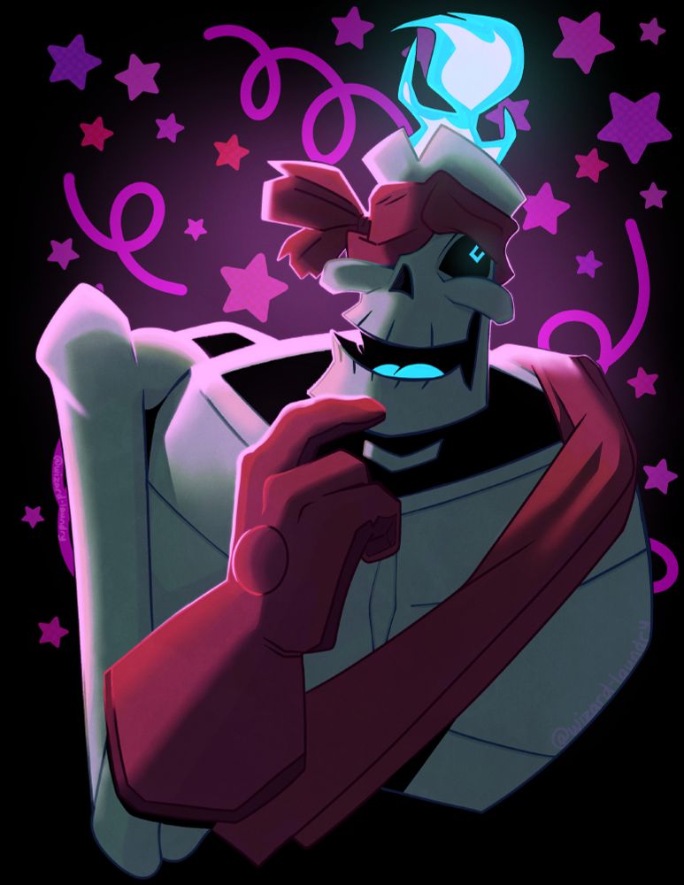 This is a digital illustration of Ricket from the animated web series Monkey Wrench. He is facing the camera, posed with his right arm up and his hand pointing to his chin in a semi-bashful manner. He is a skeleton wearing a red sash, red glove, and a red bandana that covers his right eye. He is also backlit with a pink light, and there is a smattering of pink/purple stars and squiggles spread in the background.
