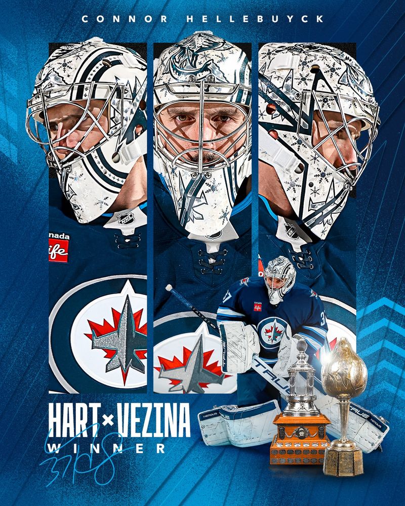 The Winnipeg Jets Hockey Club, in conjunction with the National Hockey League, announced that Winnipeg Jets goaltender Connor Hellebuyck is the 2024-25 recipient of the Hart Memorial and Vezina Trophies. The Hart Memorial Trophy is awarded “to the player adjudged to be the most valuable to his team” and the Vezina Trophy is for “the goaltender adjudged to be the best at his position”.