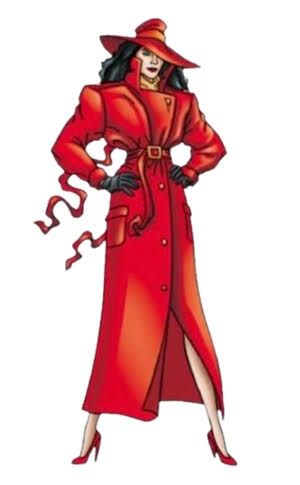  Picture of Carmen Santiago. A Fictional world class thief. She's standing with her hands on her hips in her traditional long red trench coat and matching wide brimmed hat and high heels.