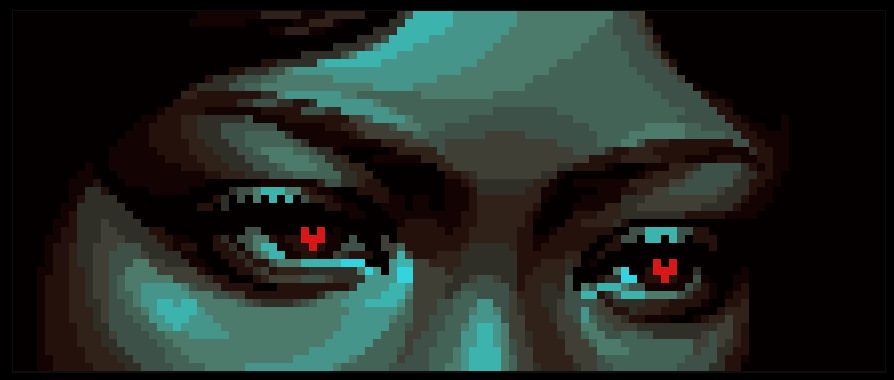 pixel art of a woman’s eyes with a blue colour scheme and red hearts in her pupils