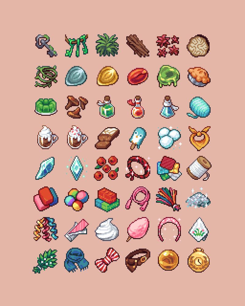 pixel art of various small fantasy themed item icons for a RPG game