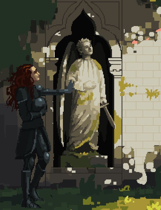 a very rough and early work-in-progress of a pixel art of crowley from good omens, touching a statue of aziraphale