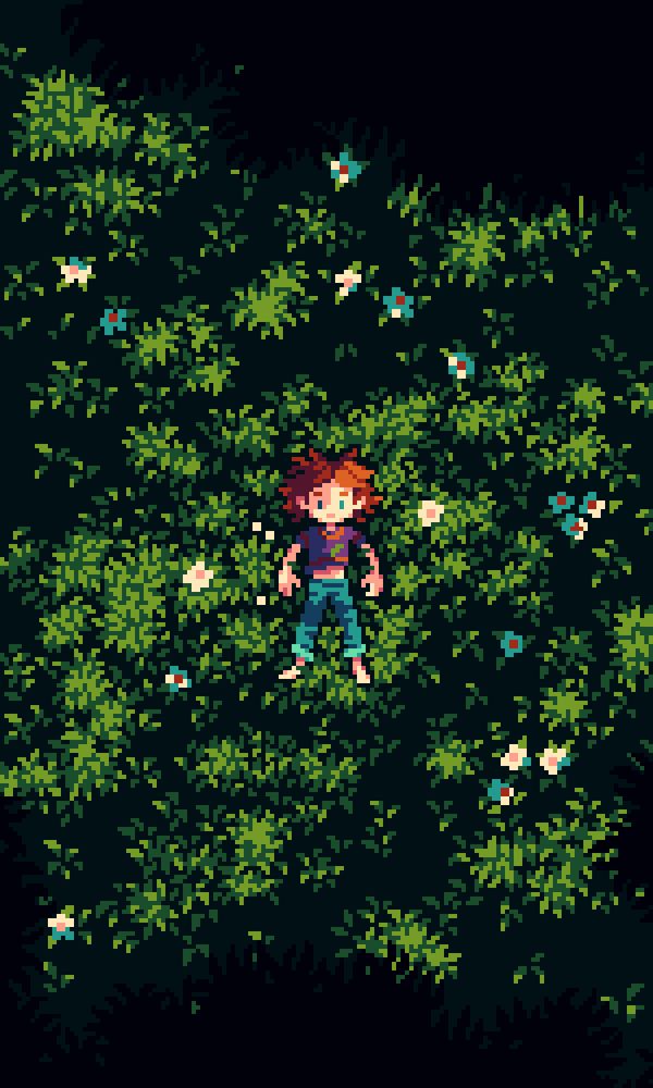 pixel art of a red-haired character lying in the grass in the shade of a tree. the view is from directly above them, and there is dappled light all around them