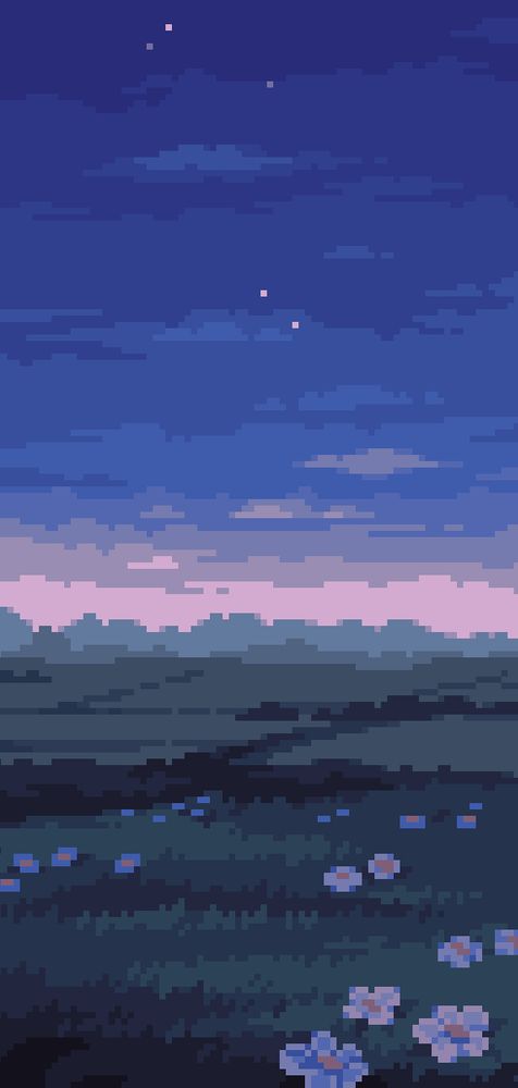 pixel art of an evening landscape with flowers in the grass