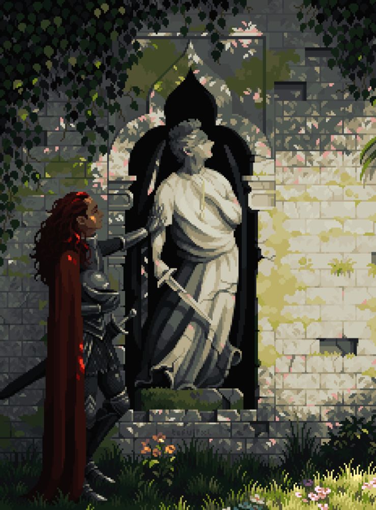 finished pixel art of crowley from good omens, touching a statue of aziraphale