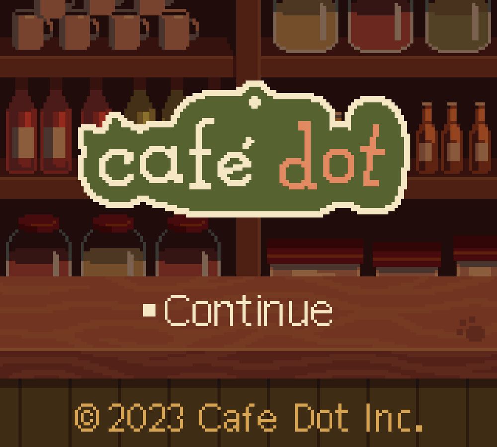 animted pixel art of the 'cafe dot' community logo, with text that says 'continue'. it is made to look like a retro game splash screen.