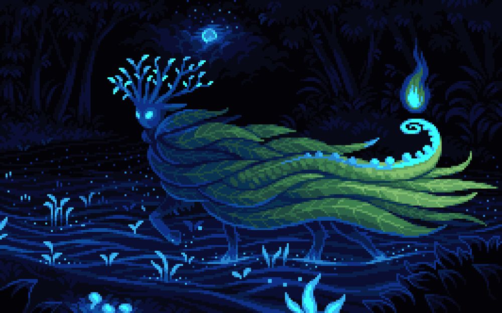 a pixel art of a dark scene with a leafy creature wading through bioluminescent waters