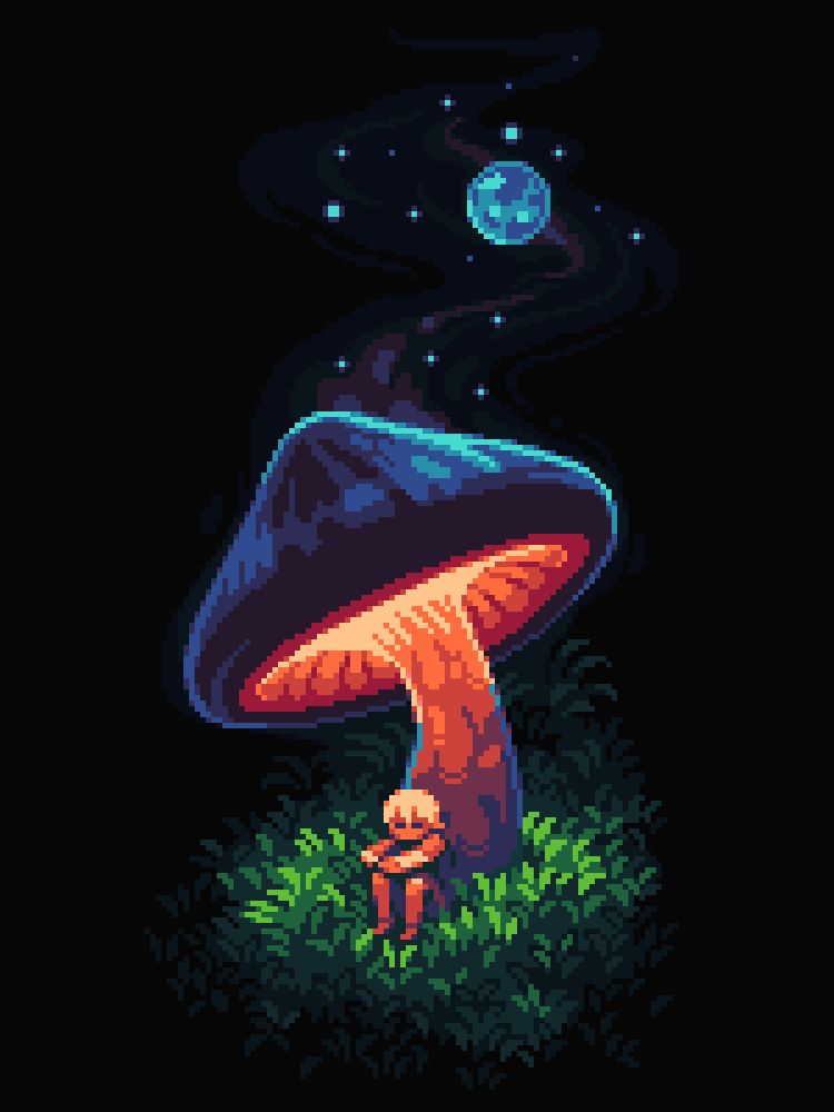 pixel art of a little guy sitting under a glowing mushroom
