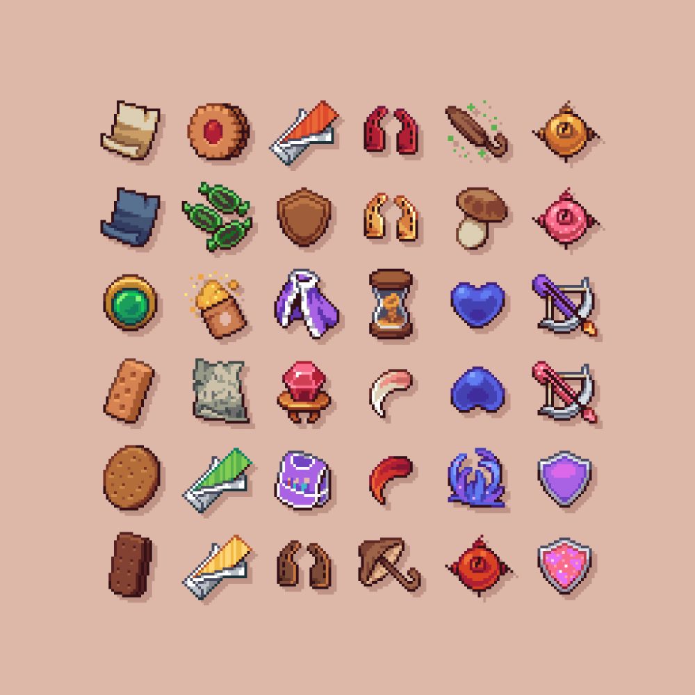pixel art of various small fantasy themed item icons for a RPG game
