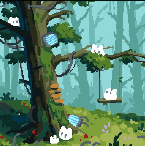 pixel art of a tree with computer screens ava c cables and moss and small white round creatures on it