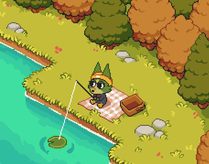 pixel art of a green wolf / dog character sitting on a pink gingham picnic blanket. a picnic basket sits next to them. the blanket is laid on the grass and the character is fishing in green-blue water where a couple of fish silhouettes can be seen circling the lure (which looks like a lily pad).
behind the character are trees of green and orange indicating an autumnal scene