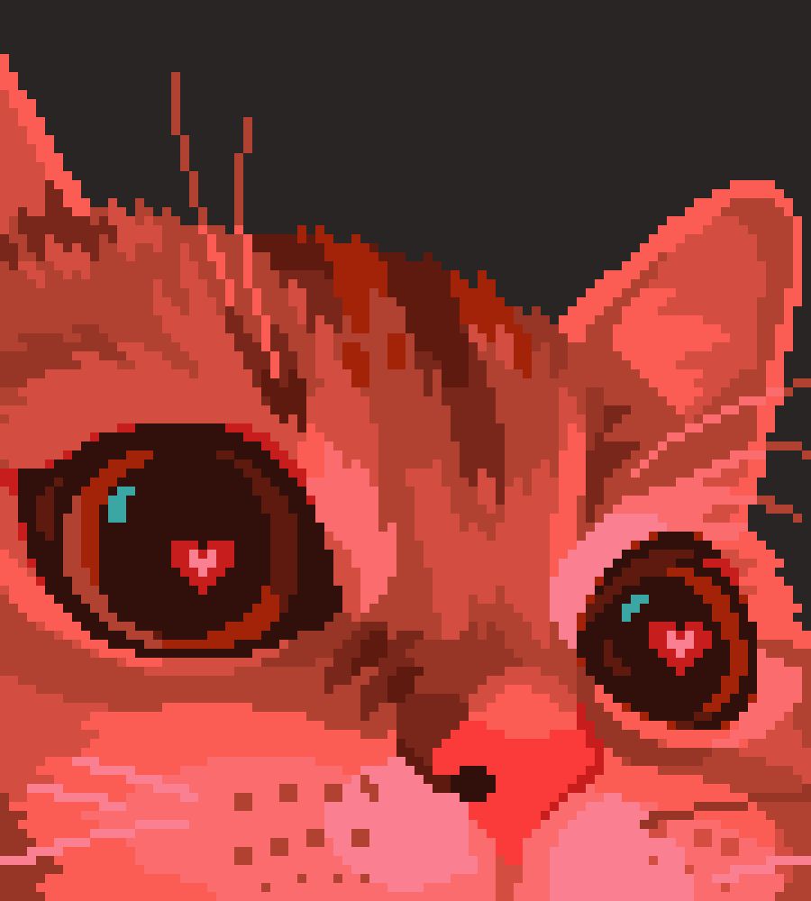 pixel art of a pink cat with hearts in its eyes