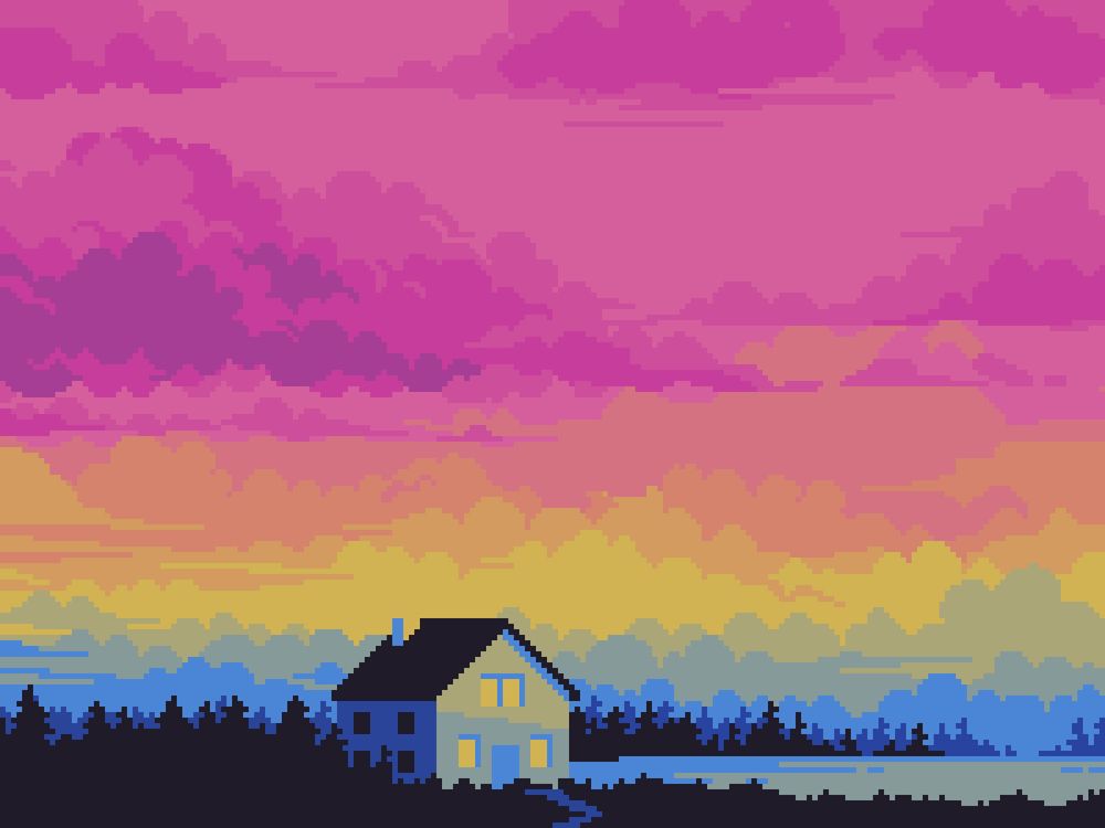 a pixel artwork of a simple house sitting amongst some trees. behind the house is a wide open sky at sunset, coloured like the pansexual flag; pink, yellow and blue
